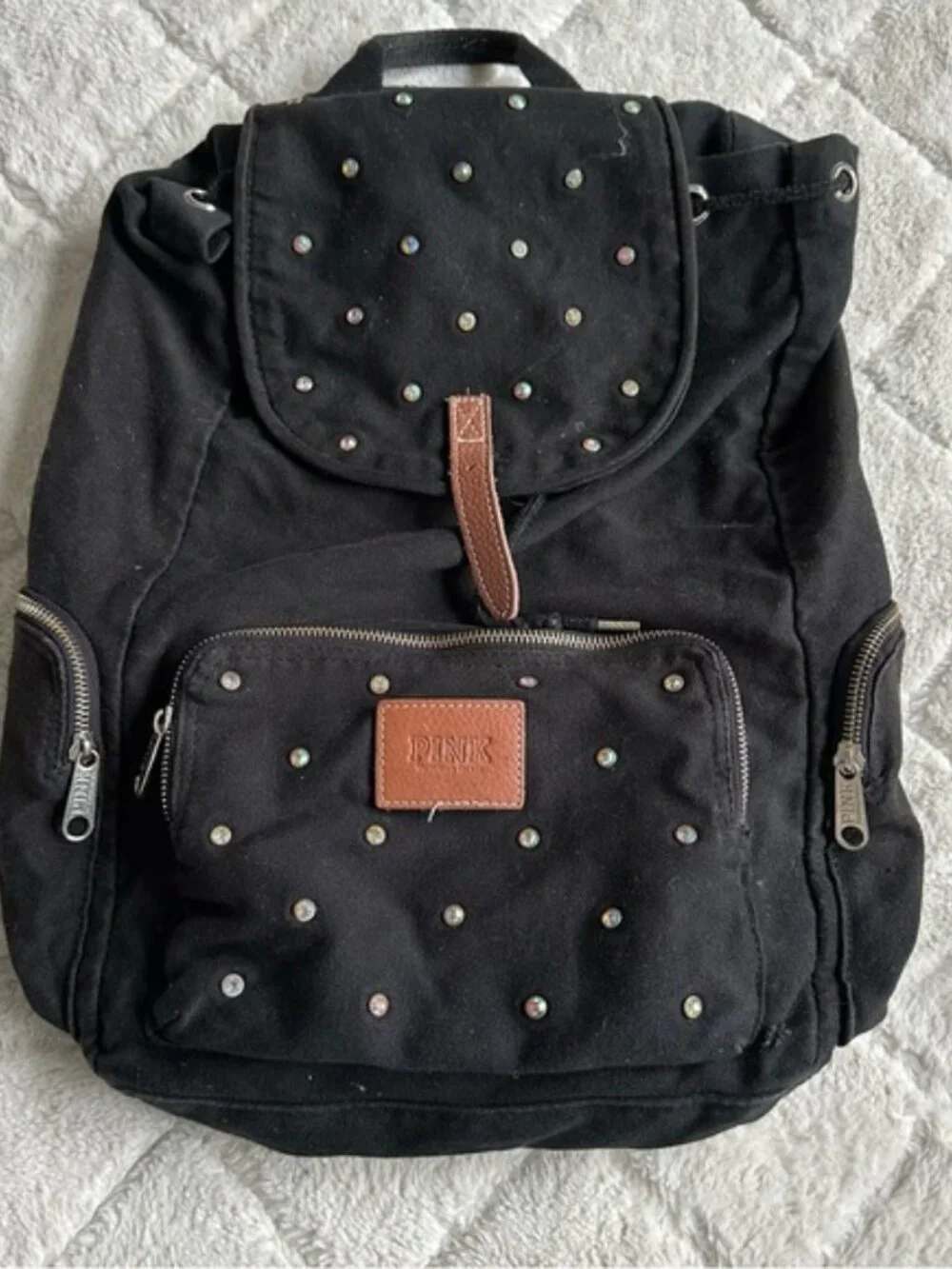 Victoria Secret PINK | Black Rhinestone Canvas Stud Backpack | One Size - Picture 3 of 15